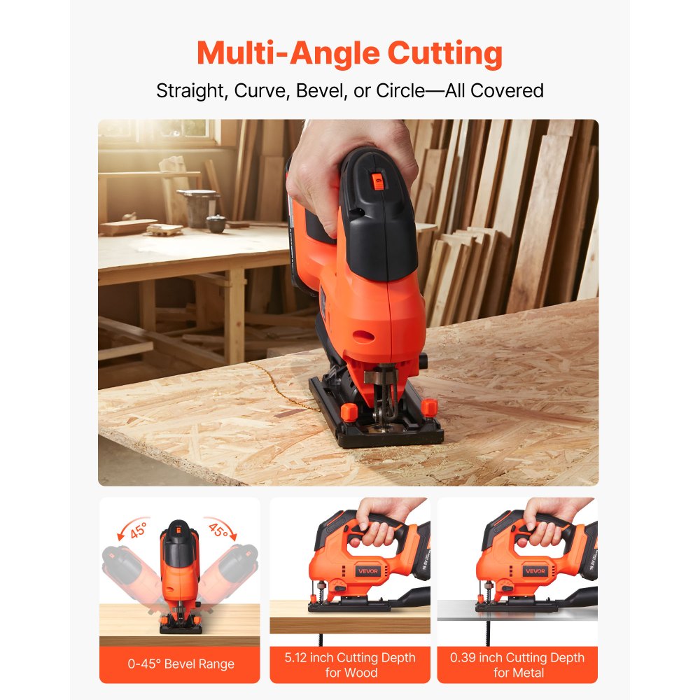 VEVOR Cordless Jig Saw, 20 V, 3000 SPM Blade Speed, Cordless Jigsaw with Battery and Charger, LED Light, 6 Variable