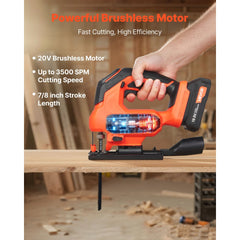 VEVOR Cordless Jig Saw, 20 V Brushless Motor, 3500 SPM Blade Speed, Cordless Jigsaw with 6 pcs Blades, LED Light, 6