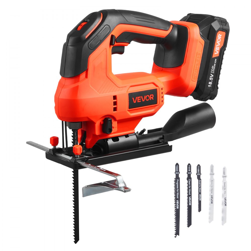 VEVOR Cordless Jig Saw, 20 V Brushless Motor, 3500 SPM Blade Speed, Cordless Jigsaw with 6 pcs Blades, LED Light, 6