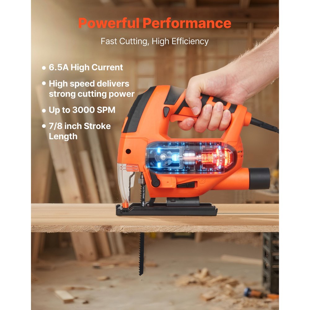 VEVOR Jig Saw, 6.5 Amp, 3000 SPM Blade Speed, Electric Jigsaw with 6 pcs Blades, LED Light, 6 Variable Speed, 0- 45°