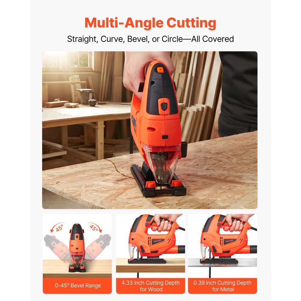 VEVOR Jig Saw, 6.5 Amp, 3000 SPM Blade Speed, Electric Jigsaw with 6 pcs Blades, LED Light, 6 Variable Speed, 0- 45°