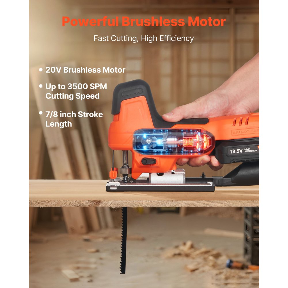 VEVOR Cordless Jig Saw, 20 V Brushless Motor, 3500 SPM Blade Speed, Cordless Jigsaw with 6 pcs Blades, LED Light, 6