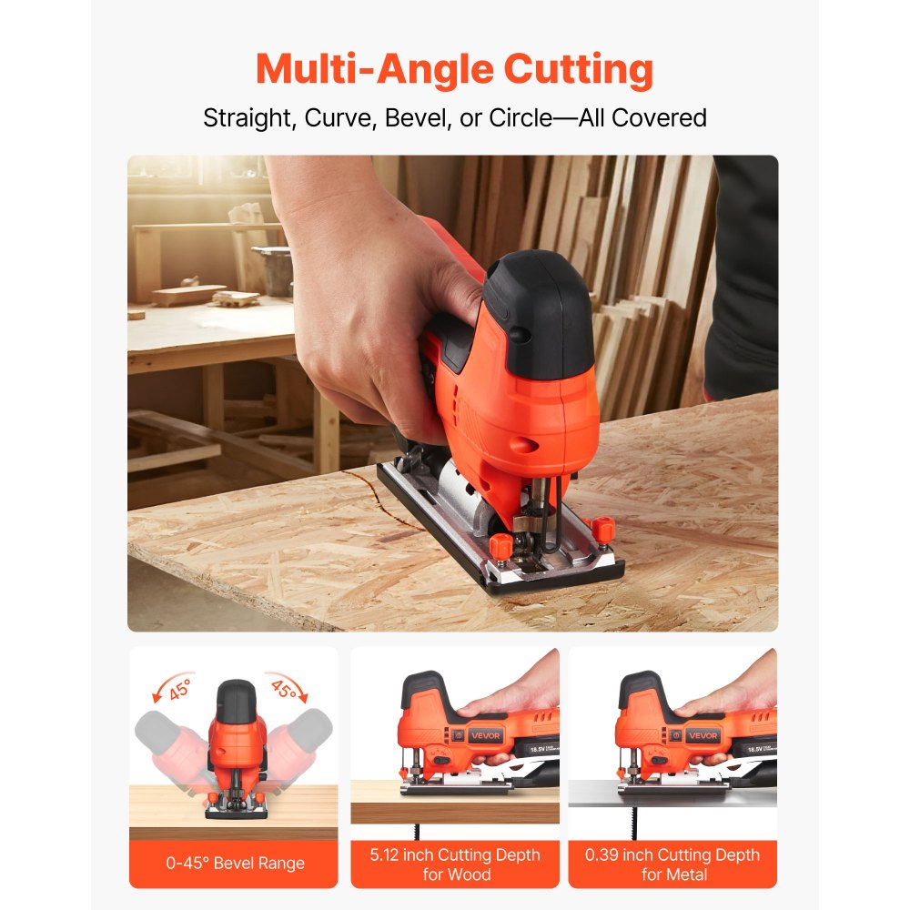 VEVOR Cordless Jig Saw, 20 V Brushless Motor, 3500 SPM Blade Speed, Cordless Jigsaw with 6 pcs Blades, LED Light, 6