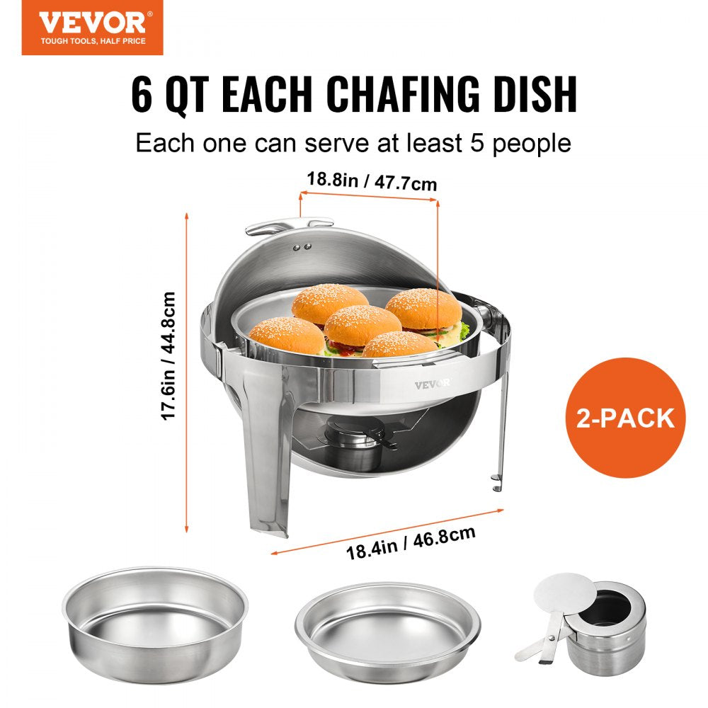 VEVOR Roll Top Chafing Dish Buffet Set, 6 Qt 2 Pack, Stainless Steel Chafer with 2 Full Size Pans, Round Catering