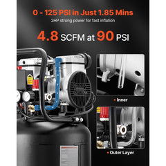 VEVOR 10-Gallon Air Compressor, 2HP 4.8 SCFM at 90PSI, Max 125PSI Pressure Oil-Free Air Compressor Tank, Portable on