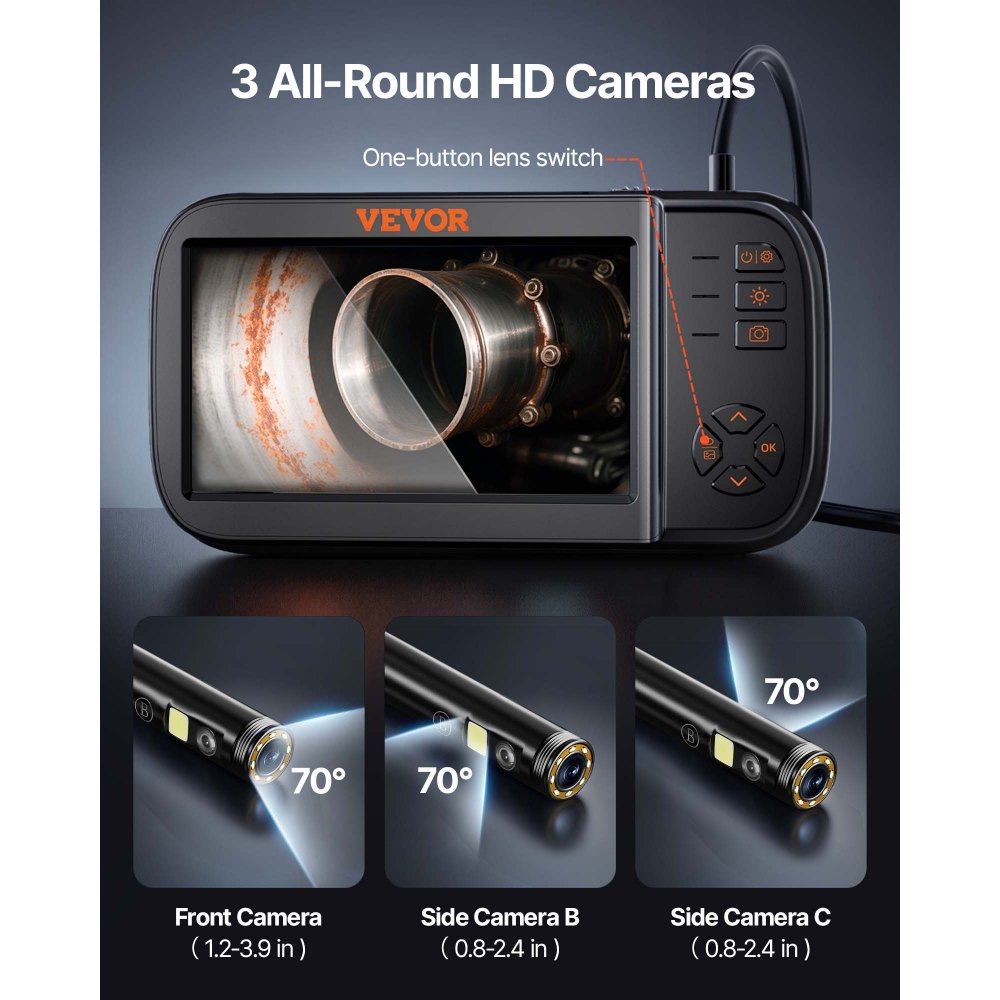 VEVOR Borescope Camera, Triple Lens Endoscope Camera with Light, 4.5" Screen 1080P Inspection Camera with 10 LED Light