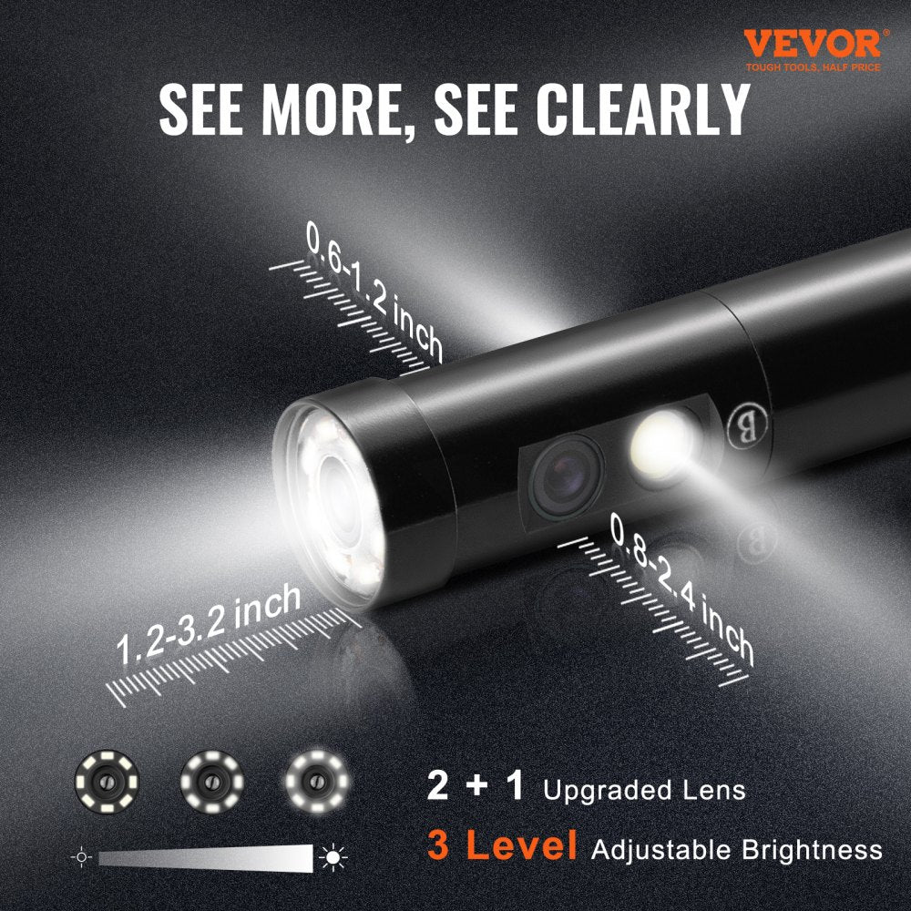 VEVOR Triple Lens Borescope, 5" IPS Screen Inspection Camera with Lights, 8X Zoom 1080P HD Split Screen, 10 LED Lights