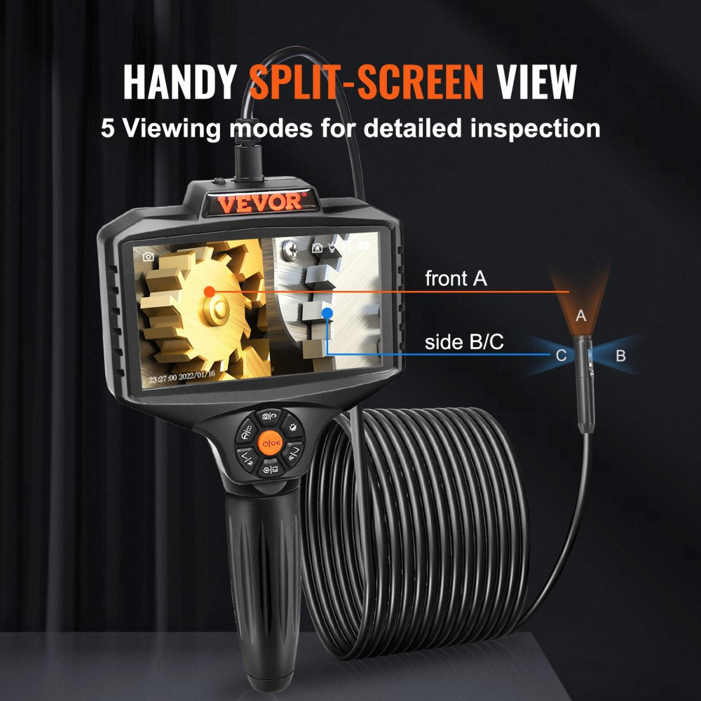 VEVOR Triple Lens Borescope, 5" IPS Screen Inspection Camera with Lights, 8X Zoom 1080P HD Split Screen, 10 LED Lights