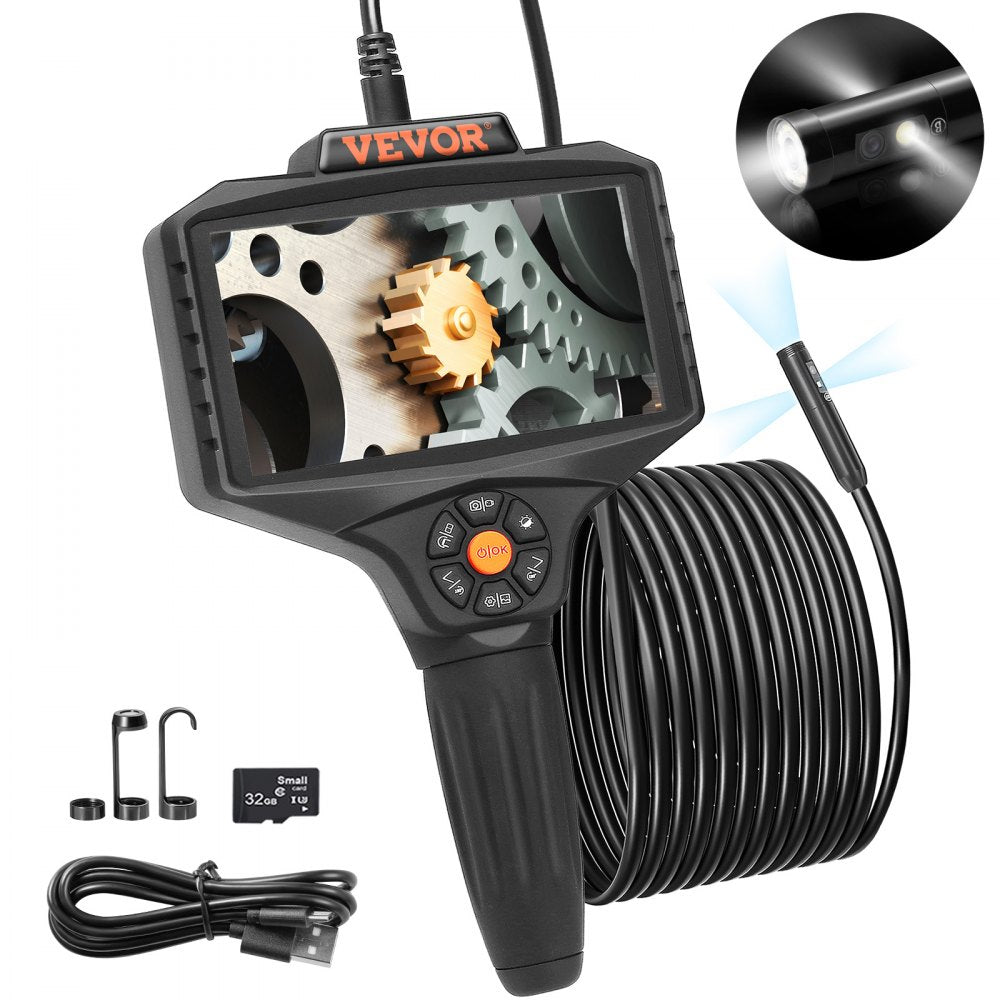VEVOR Triple Lens Borescope, 5" IPS Screen Inspection Camera with Lights, 8X Zoom 1080P HD Split Screen, 10 LED Lights