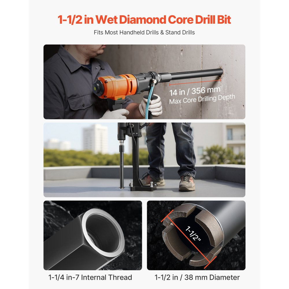 VEVOR Core Drill Bit, 1-1/2 inch Diameter, 14 inch Drilling Depth, 1-1/4 in-7 Internal Thread, High-Precision Welding