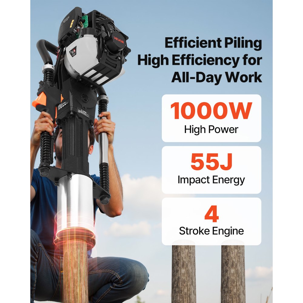 VEVOR Gas Powered T Post Driver, 37.7cc 4-Stroke Engine Efficient Post Pounder with 3 Piling Sleeves