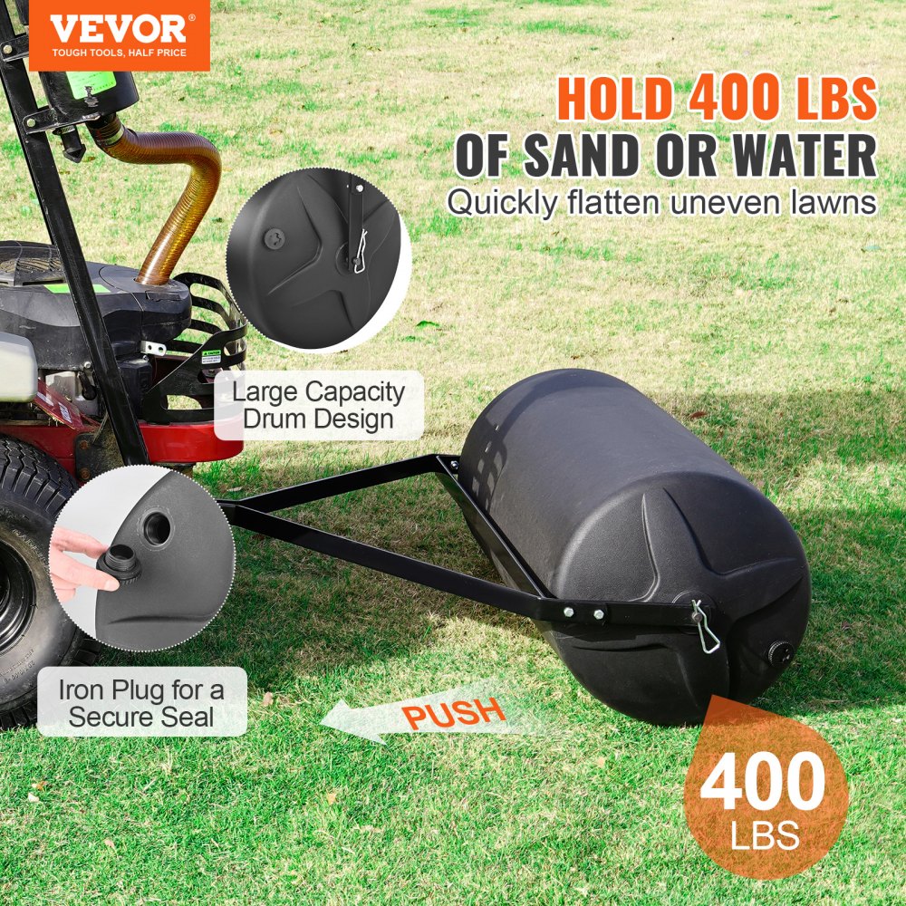 VEVOR Tow Behind Lawn Roller, 400lbs Sand/Water Filled Yard Roller, LLDPE Drum and Steel Frame Sod Roller with