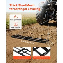 VEVOR Drag Harrow, 96 x 20 in, Tow-Behind Driveway Grader with Adjustable Width & 50lbs Load Capacity, Heavy Duty Lawn