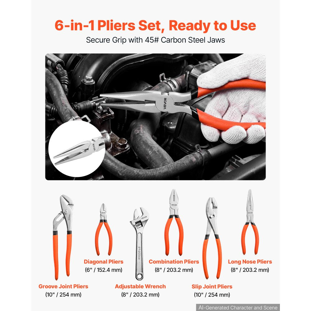 VEVOR Pliers and Wrench Set 6-Piece Utility Set Polished Carbon Steel Jaw, Hand Tools for DIY & Home Use, 10" Groove