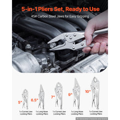 VEVOR Locking Pliers Set 5-Piece Pliers Tool Set Nickel-Plated Carbon Steel, Hand Tools for DIY & Home Use, 5"/7"/10"