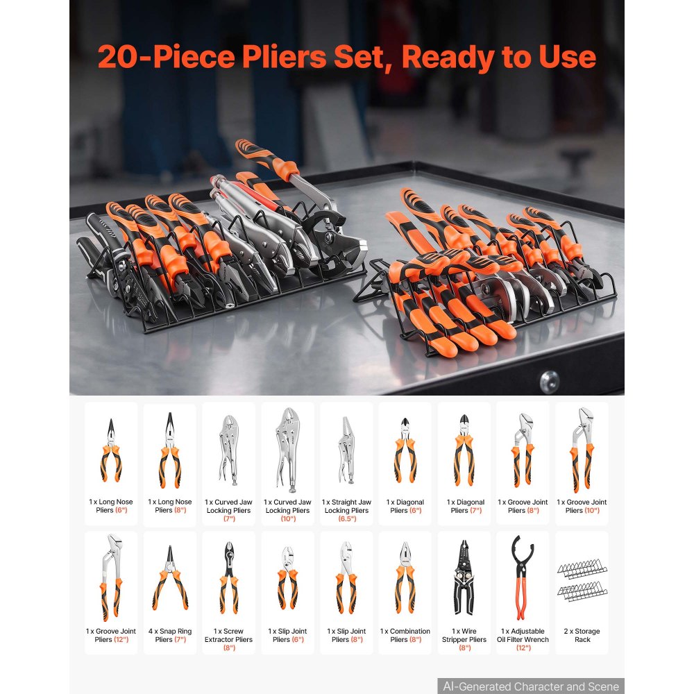 VEVOR Pliers Set 20-Piece Utility Set Polished Carbon Steel Jaw Hand Tools, For DIY & Home Use, Long Nose, Locking