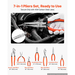 VEVOR Pliers Set 7-Piece Utility Set Polished Carbon Steel Jaw Hand Tools, For DIY & Home Use, 8" Groove Joint, 7"