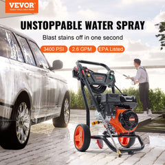 VEVOR Gas Pressure Washer, 3400 PSI 2.6 GPM, Gas Powered Pressure Washer with Aluminum Pump, Spray Gun and Extension
