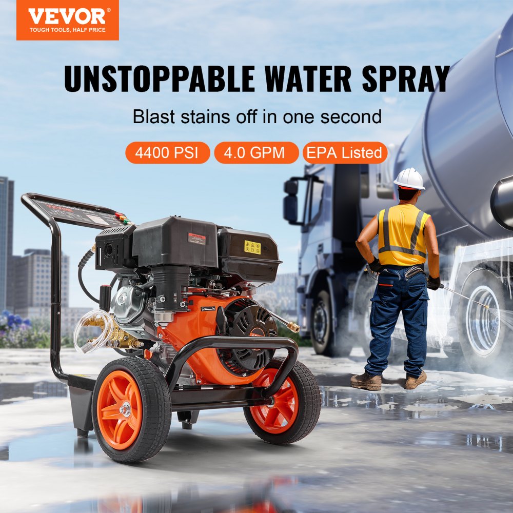 VEVOR Gas Pressure Washer, 4400 PSI 4.0 GPM, Gas Powered Pressure Washer with Copper Pump, Spray Gun and Extension
