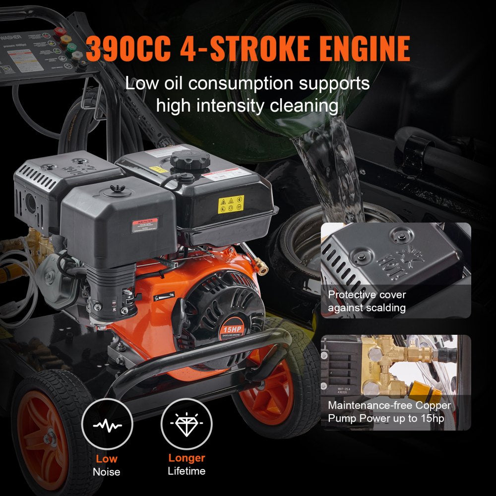 VEVOR Gas Pressure Washer, 4400 PSI 4.0 GPM, Gas Powered Pressure Washer with Copper Pump, Spray Gun and Extension