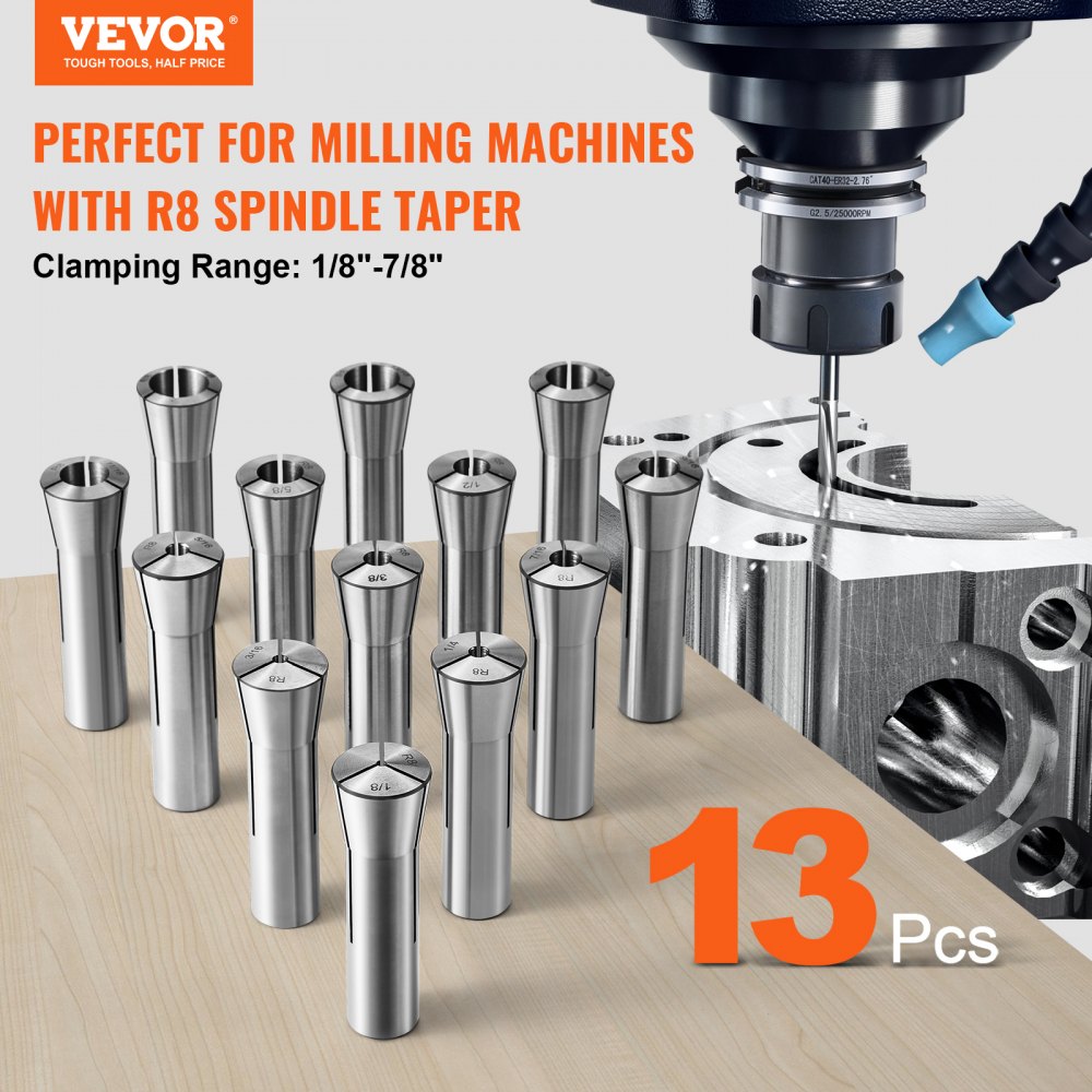 VEVOR 13 pcs Precision R8 Collet Set, 1/8'' - 7/8'', 45# Mill Collet Chuck 0.0012"/30μm TIR with 13 Labeled Storage