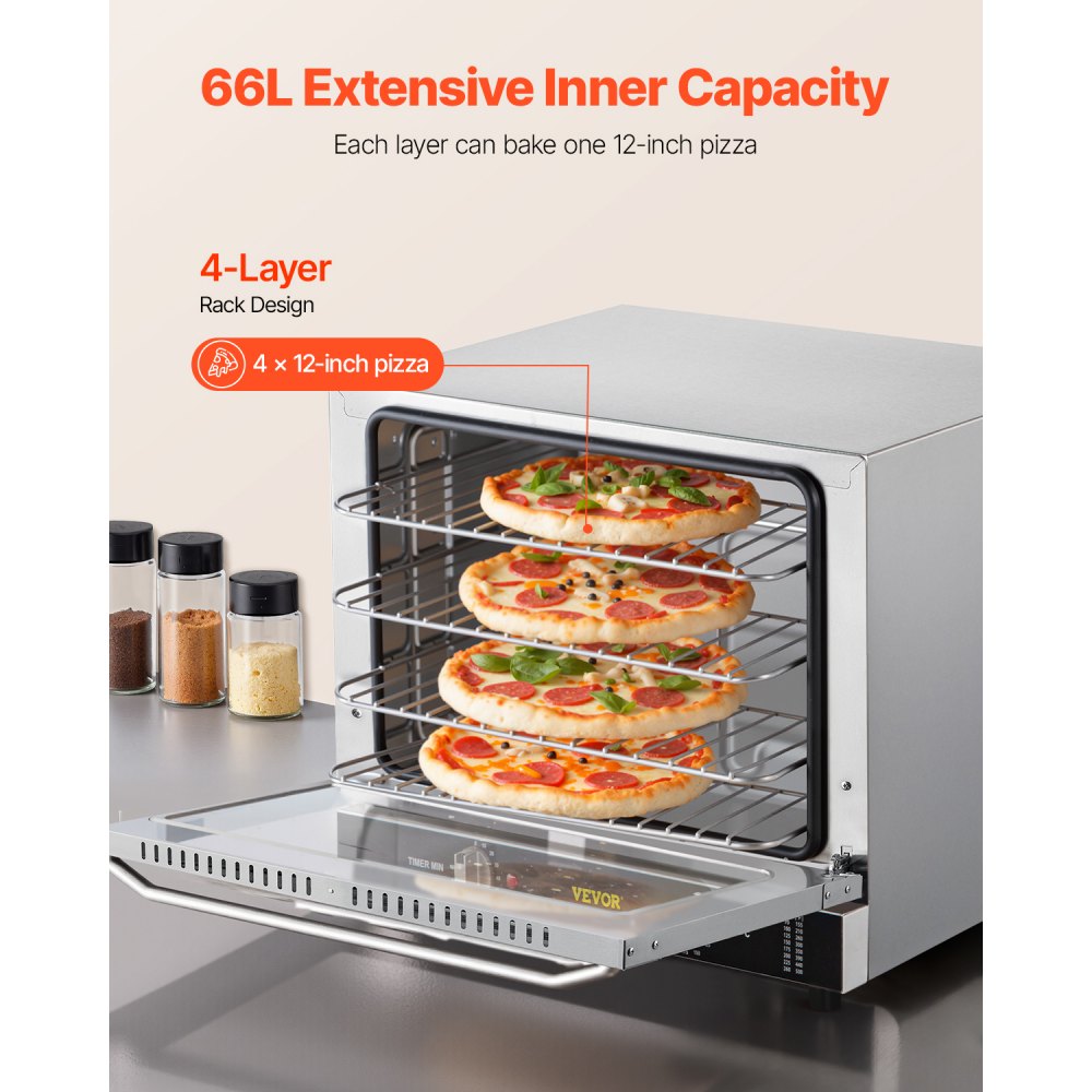 VEVOR Commercial Convection Oven, 66L/60Qt, Half-Size Conventional Oven Countertop, 1800W 4-Tier Toaster w/Front Glass