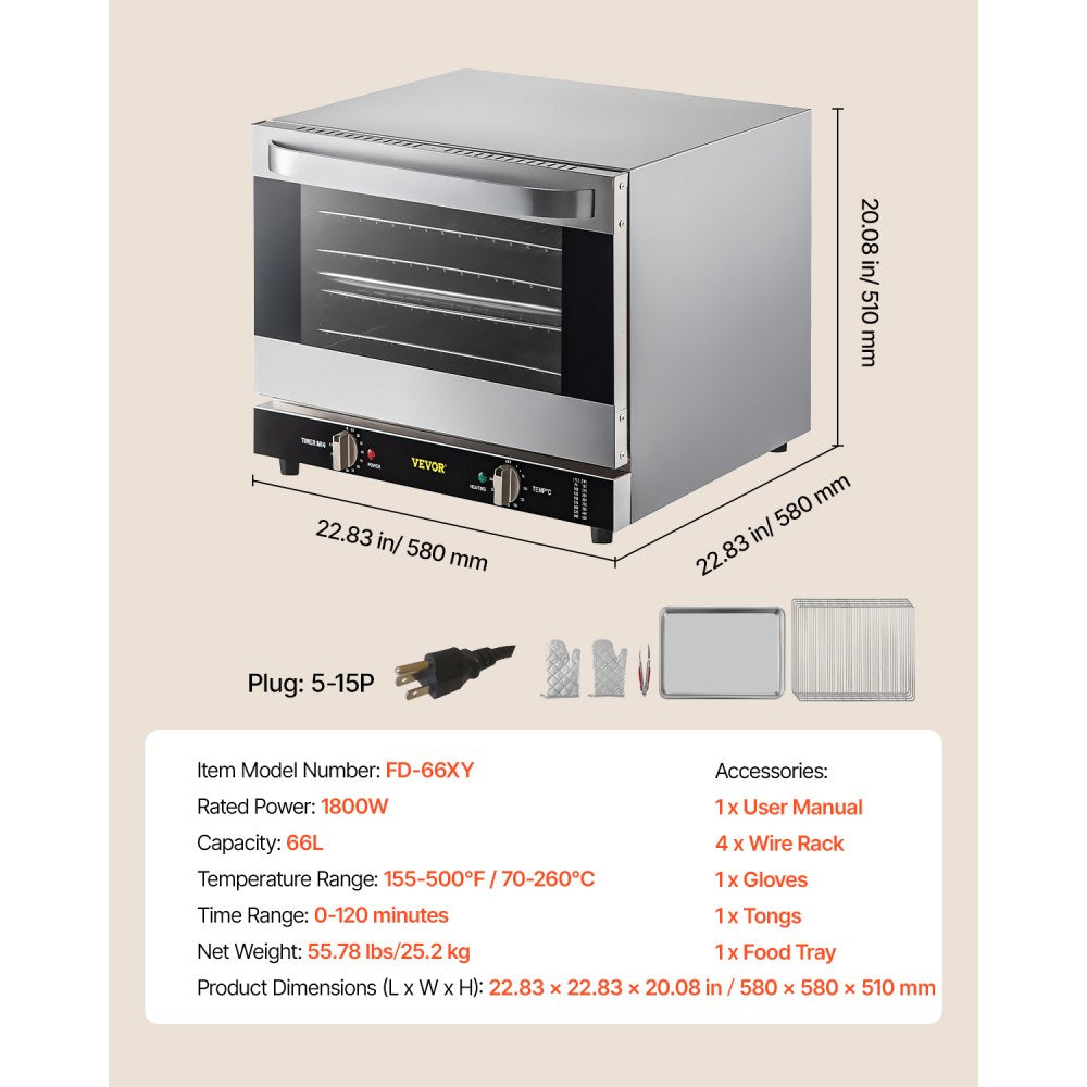 VEVOR Commercial Convection Oven, 66L/60Qt, Half-Size Conventional Oven Countertop, 1800W 4-Tier Toaster w/Front Glass