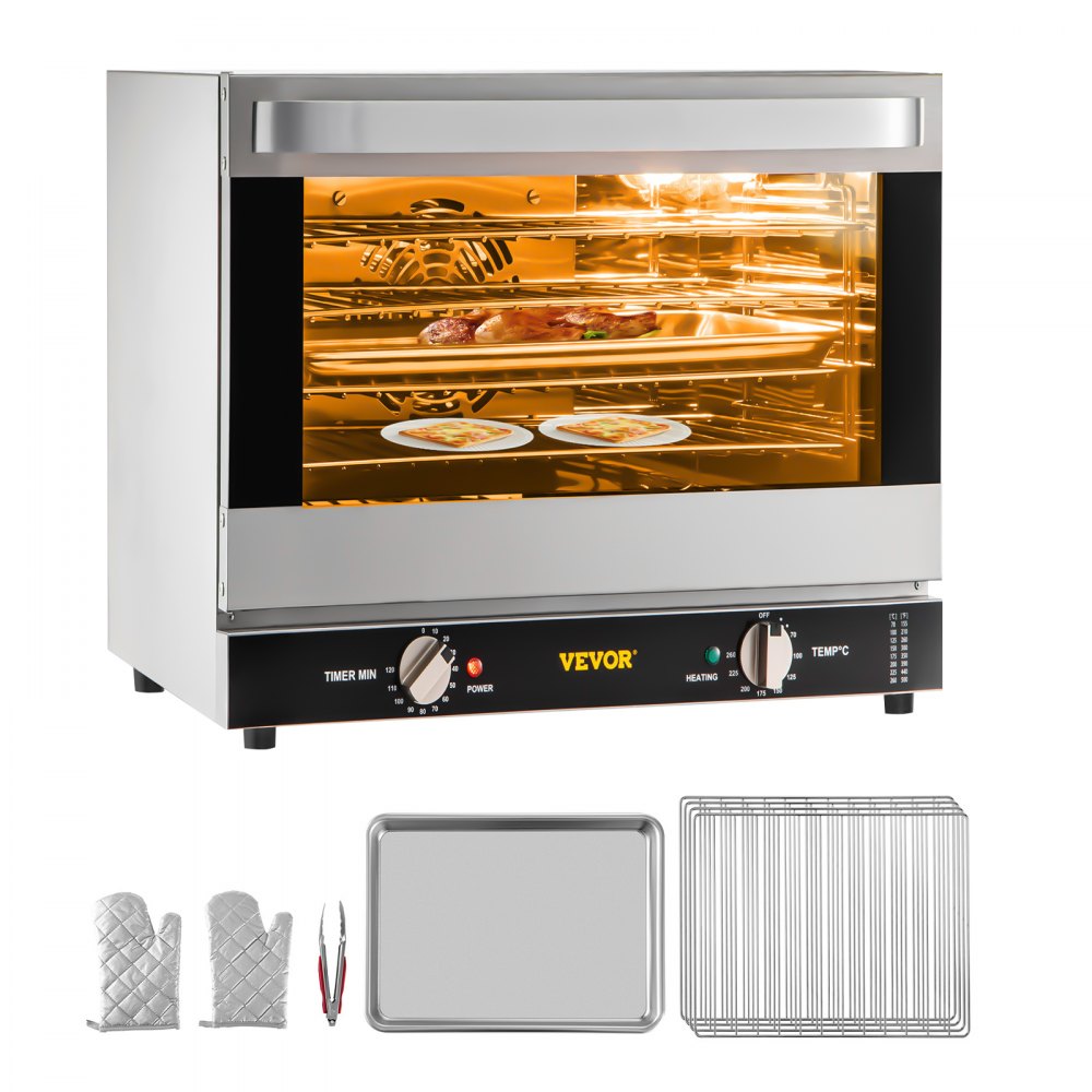 VEVOR Commercial Convection Oven, 66L/60Qt, Half-Size Conventional Oven Countertop, 1800W 4-Tier Toaster w/Front Glass