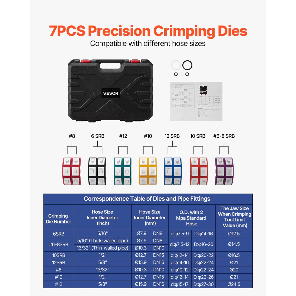 VEVOR Hydraulic Hose Crimper, Hydra-Krimp AC Hose Crimper Kit with 7 Dies Snap-On, Integral Manual Hydraulic A/C Hoses
