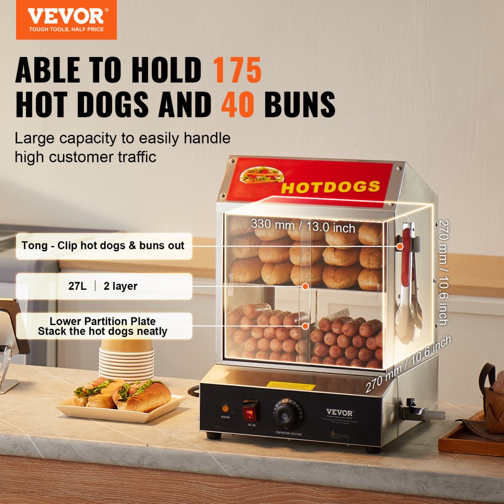 VEVOR Hot Dog Steamer, 28.5QT, 2-Tier Hot Dog Hut Steamer, 86℉~185℉ Temperature Control, Electric Bun Warmer with