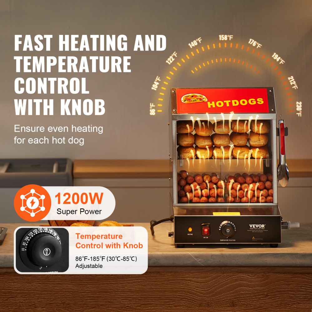 VEVOR Hot Dog Steamer, 28.5QT, 2-Tier Hot Dog Hut Steamer, 86℉~185℉ Temperature Control, Electric Bun Warmer with