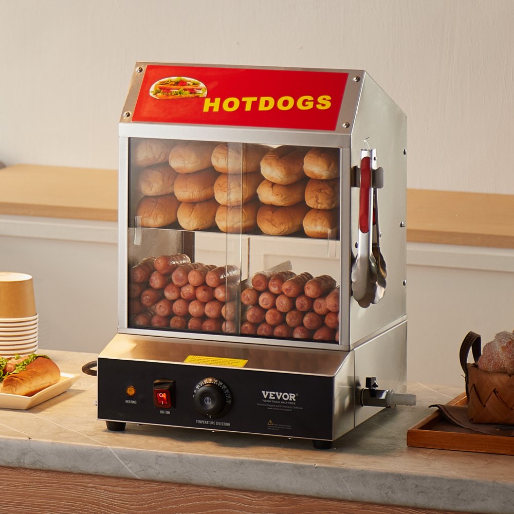 VEVOR Hot Dog Steamer, 28.5QT, 2-Tier Hot Dog Hut Steamer, 86℉~185℉ Temperature Control, Electric Bun Warmer with