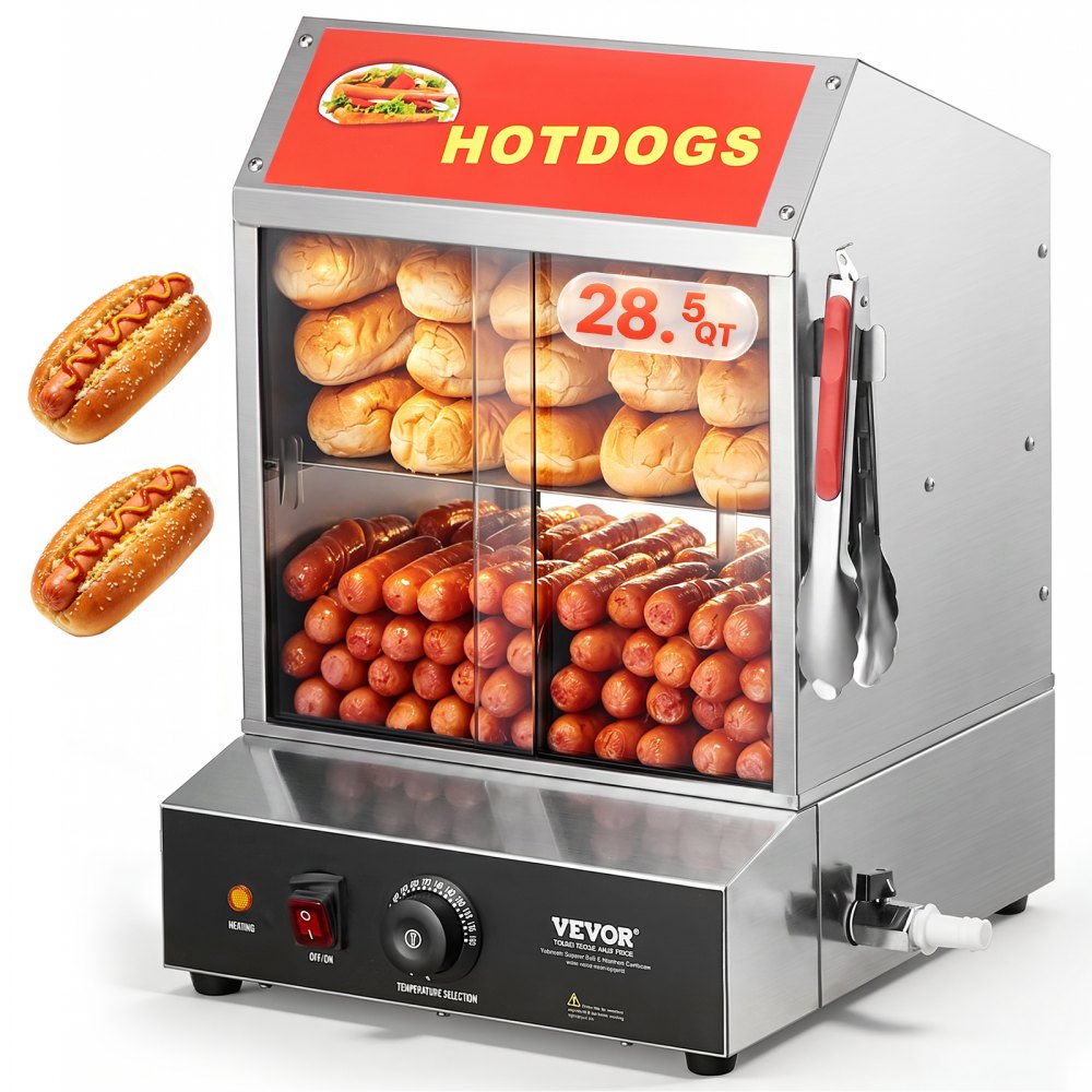 VEVOR Hot Dog Steamer, 28.5QT, 2-Tier Hot Dog Hut Steamer, 86℉~185℉ Temperature Control, Electric Bun Warmer with