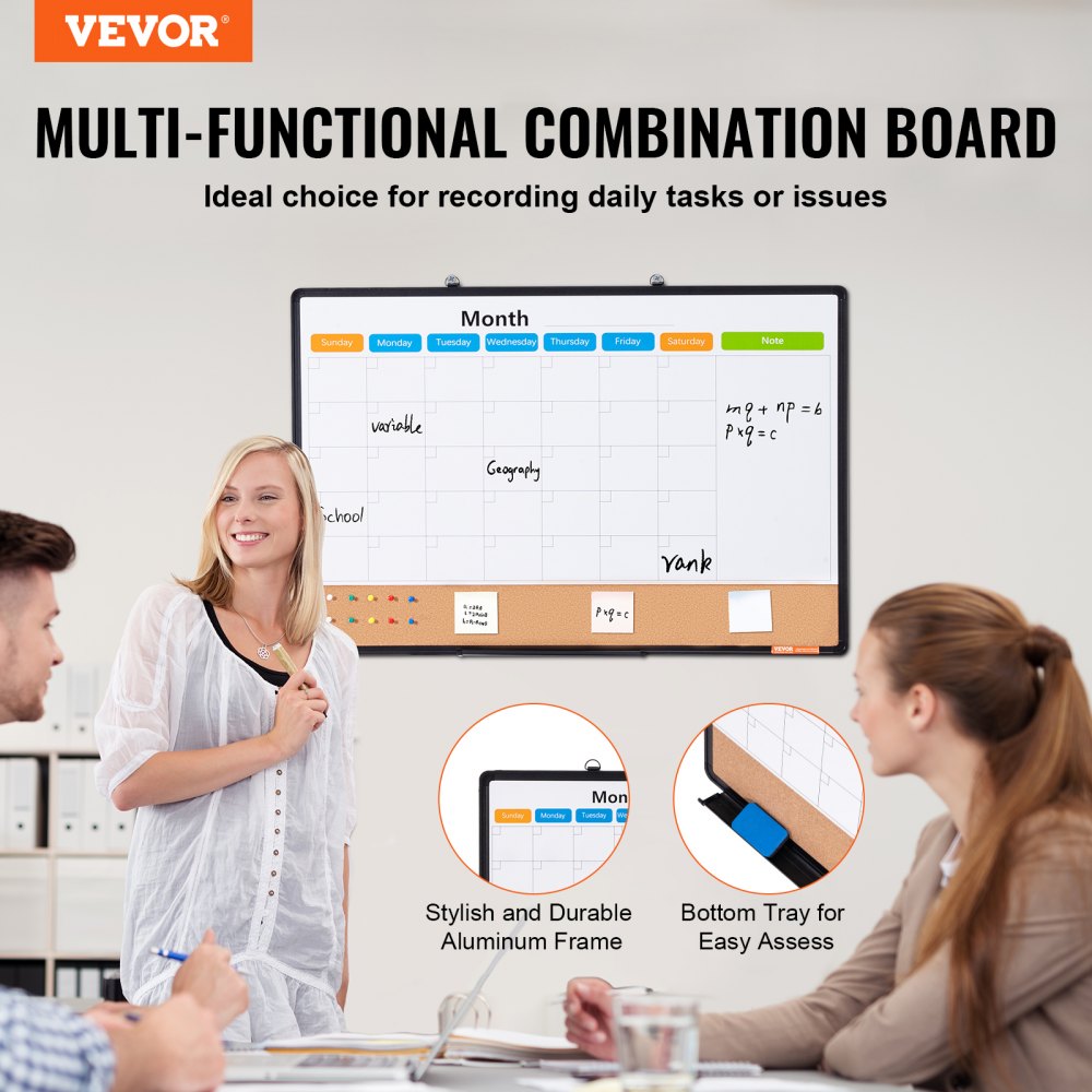 VEVOR 36"x 24" Monthly Calendar Whiteboard & Cork Board Combo with Aluminum Frame - 2-in-1 Magnetic Dry Erase Bulletin