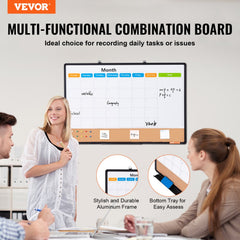 VEVOR 36"x 24" Monthly Calendar Whiteboard & Cork Board Combo with Aluminum Frame - 2-in-1 Magnetic Dry Erase Bulletin