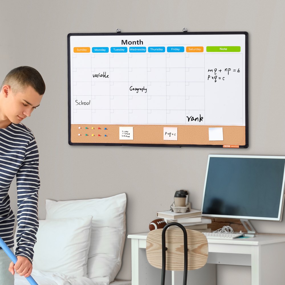 VEVOR 36"x 24" Monthly Calendar Whiteboard & Cork Board Combo with Aluminum Frame - 2-in-1 Magnetic Dry Erase Bulletin