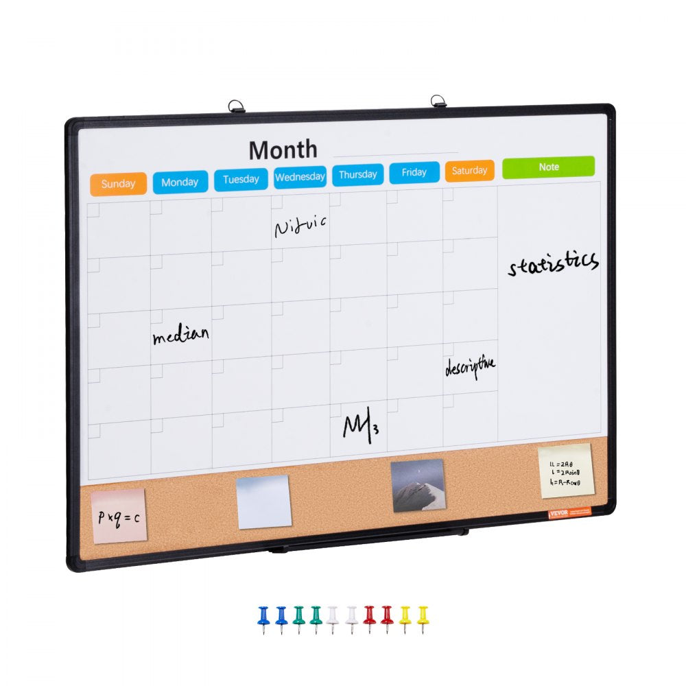 VEVOR 36"x 24" Monthly Calendar Whiteboard & Cork Board Combo with Aluminum Frame - 2-in-1 Magnetic Dry Erase Bulletin