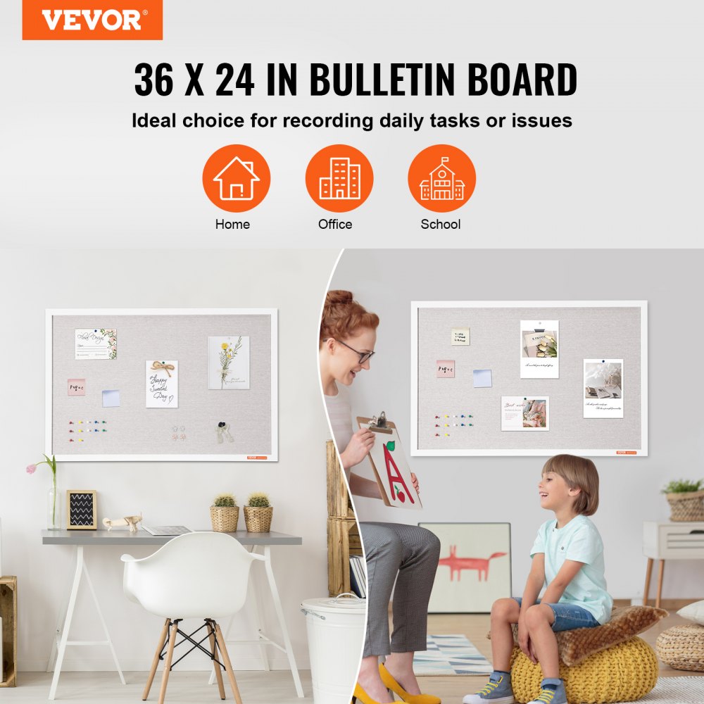 VEVOR 36"x24" White Cork Board with Linen Surface - Stylish Wall-Mounted Bulletin Board for Home, School, Office