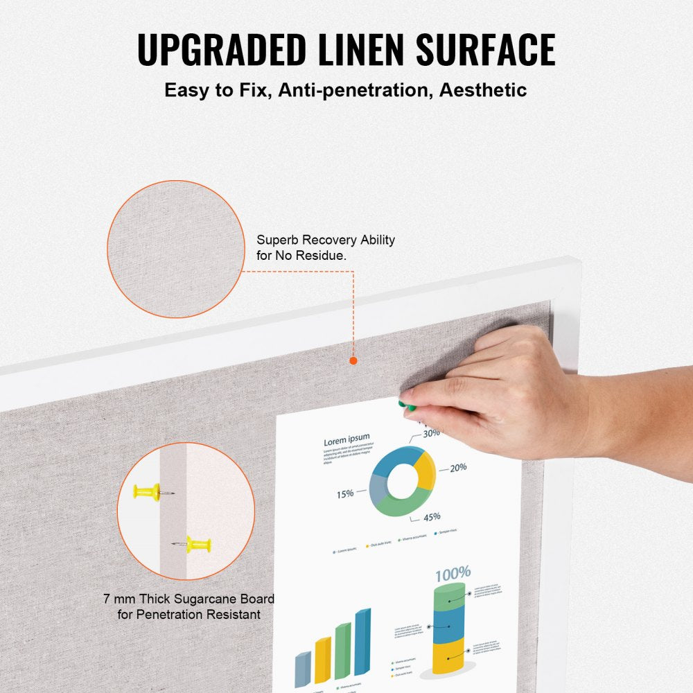 VEVOR 36"x24" White Cork Board with Linen Surface - Stylish Wall-Mounted Bulletin Board for Home, School, Office