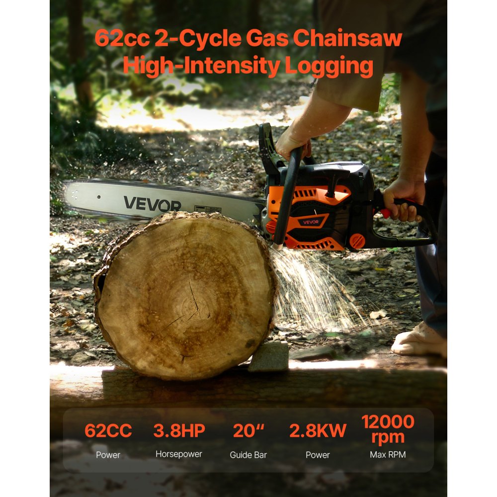 VEVOR 62 cc Gas Chainsaw, 20 inch Gas Powered Chainsaw, 3.8 HP Power Chain Saw with Non-Slip Handle, Gas-Powered