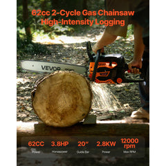 VEVOR 62 cc Gas Chainsaw, 20 inch Gas Powered Chainsaw, 3.8 HP Power Chain Saw with Non-Slip Handle, Gas-Powered