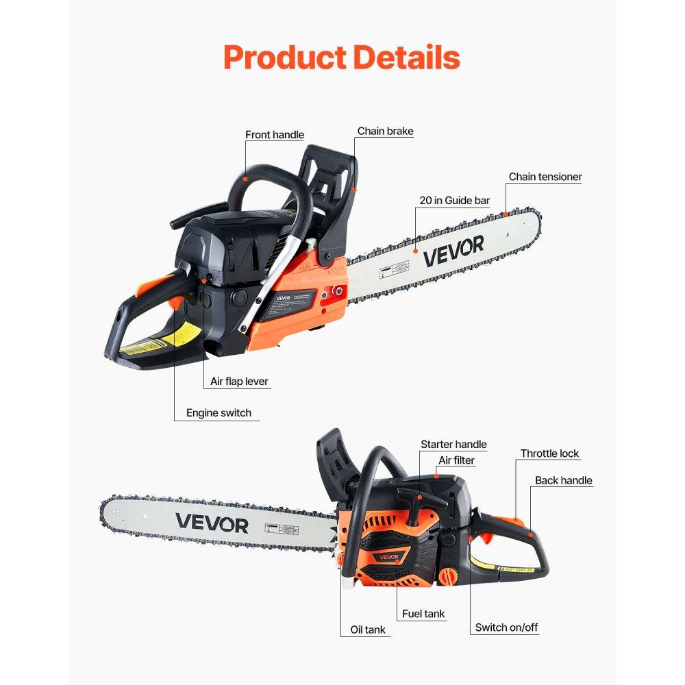 VEVOR 62 cc Gas Chainsaw, 20 inch Gas Powered Chainsaw, 3.8 HP Power Chain Saw with Non-Slip Handle, Gas-Powered