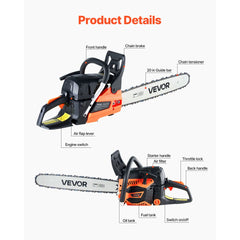 VEVOR 62 cc Gas Chainsaw, 20 inch Gas Powered Chainsaw, 3.8 HP Power Chain Saw with Non-Slip Handle, Gas-Powered