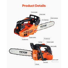 VEVOR Gas Chainsaw, 25.4CC 12" 1.2HP, Gasoline Powered Chain Saw, Handheld Cordless Petrol Chainsaws for Tree Wood