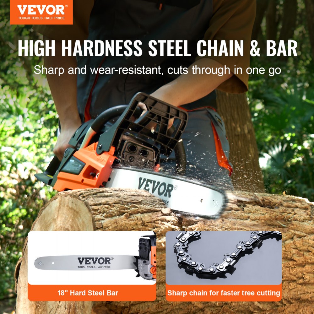 VEVOR Gas Chainsaw, 52CC 18" 2.55HP, Gasoline Powered Chain Saw, Handheld Cordless Petrol Chainsaws for Tree Wood