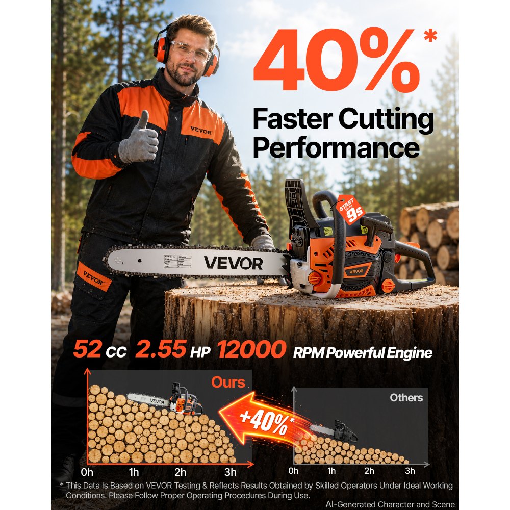 VEVOR Gas Powered Chainsaw 18 Inch 52CC 2.55HP 2 Stroke Engine Gas Chainsaw, for Wood Cutting, Tree Trimming & Land