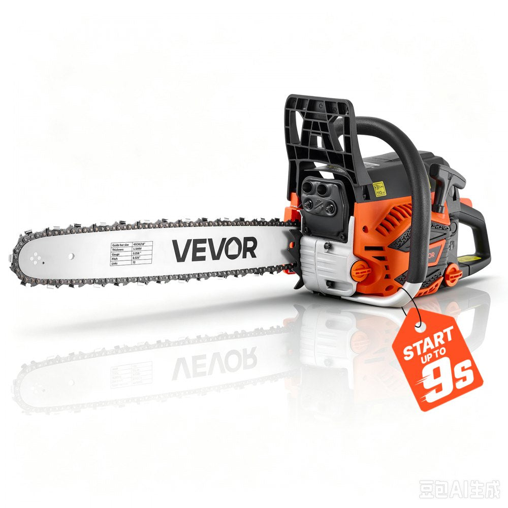 VEVOR Gas Powered Chainsaw 18 Inch 52CC 2.55HP 2 Stroke Engine Gas Chainsaw, for Wood Cutting, Tree Trimming & Land