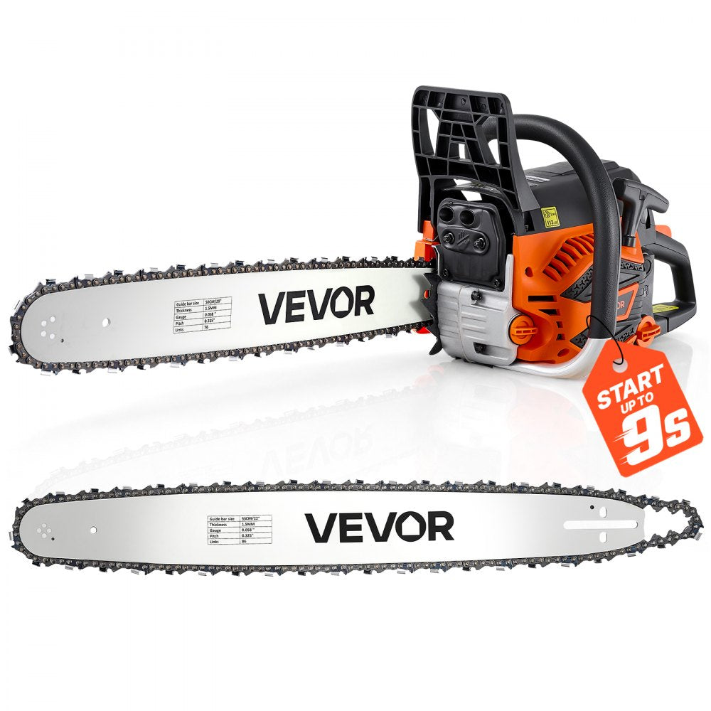 VEVOR Gas Powered Chainsaw 20 & 22 Inch 62CC 3.8HP 2 Stroke Engine Saw, for Wood Cutting, Tree Trimming & Land