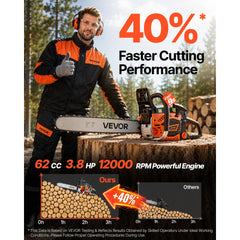 VEVOR Gas Powered Chainsaw 20 Inch 62CC 3.8HP 2 Stroke Engine Gas Chainsaw, for Wood Cutting, Tree Trimming & Land
