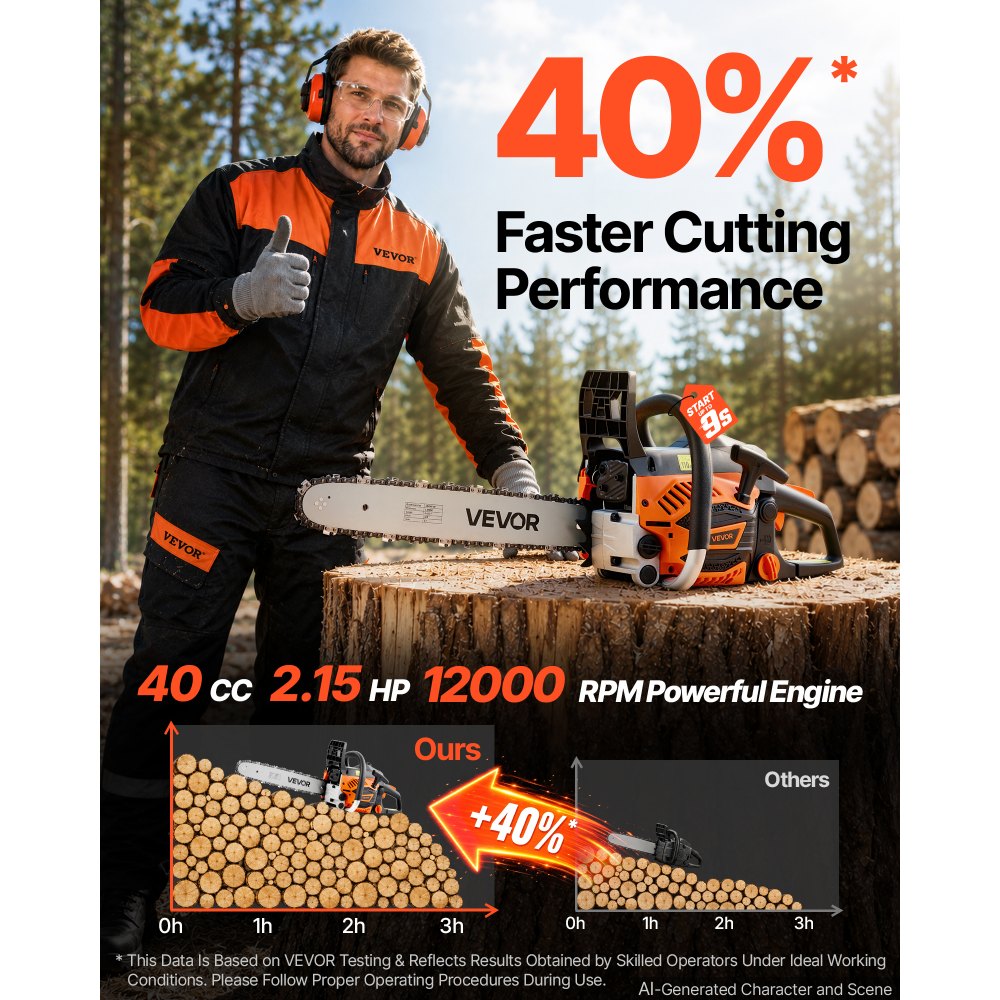 VEVOR Gas Powered Chainsaw 16 Inch 40CC 1.75HP 2 Stroke Engine Gas Chainsaw, for Wood Cutting, Tree Trimming & Land